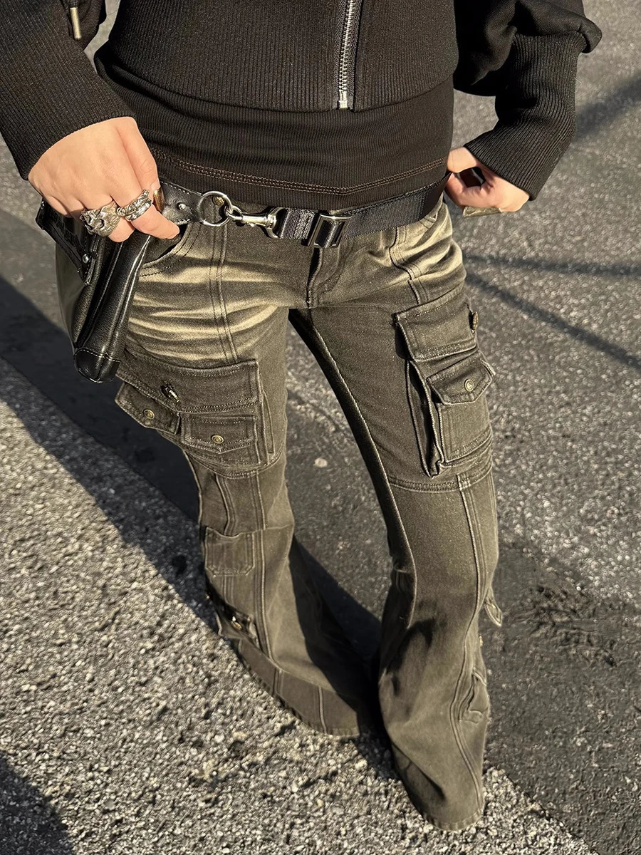 REDDACHiC Black Low Waist Cargo Jeans 2000s Distressed Whiskers Multipocket Stretch Bootcut Pants Women Retro Grunge Streetwear 251023