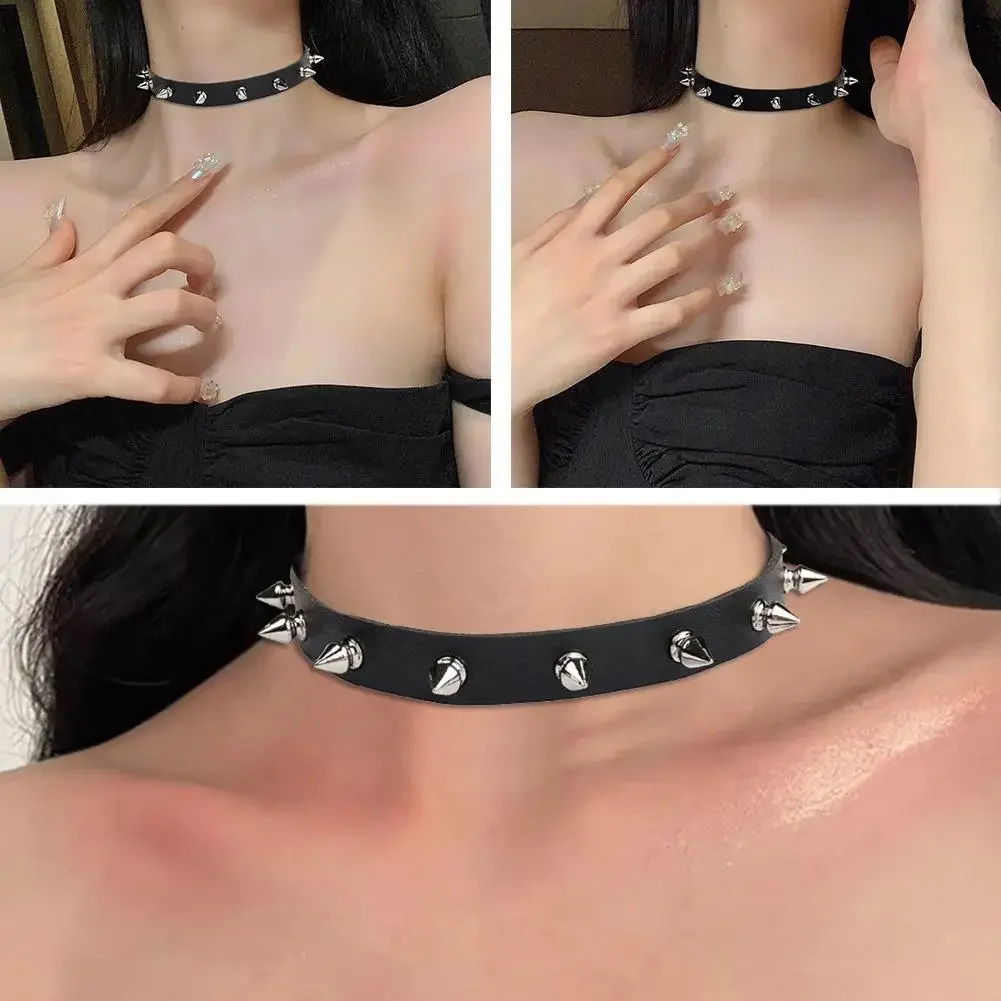 Black PU Leather Choker Necklace For Women Men Cool Punk Gothic Spike Biker Choker PU Leather Collar Studded Rock Necklace D4X5 251023