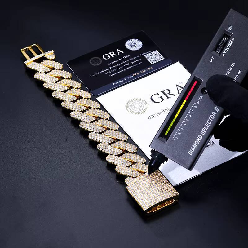 Luxury Bling Hiphop Jewelry Gold Plated 925 Sterling Silver 3 Rows VVS Moissanite Diamond Iced Out Cuban Link Bracelet for Men