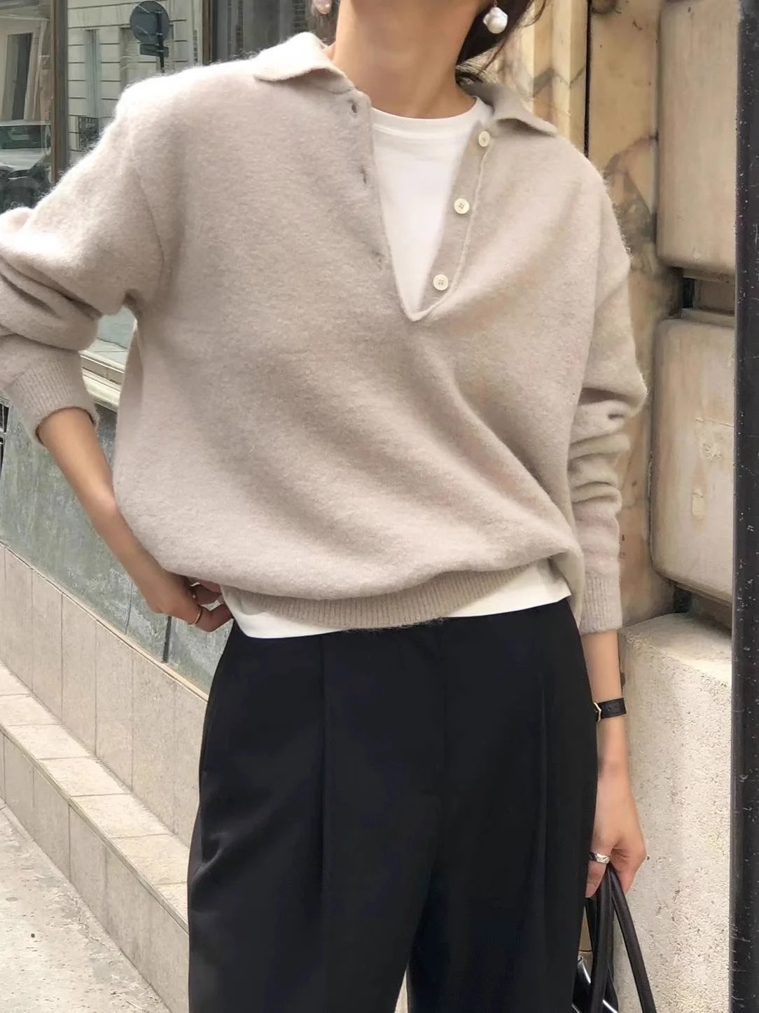 100 Wool Womens Knitted Sweater 2025 AutumnWinter Solid Color Casual Collar Polo Wool Sweater 251023