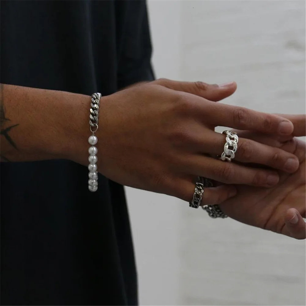 Simple Stainless Steel Pearl Stitch Bracelet Silver Color Men Cuban Chain Bracelet Retro Party Jewelry Mens Fashion Accessories 251023