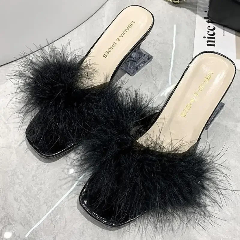 Summer Fluffy Peep Toe Sexy High Heels Women Shoes Fur Feather Lady Fashion Slip On Ytmtloy Indoor House Slippers 251023
