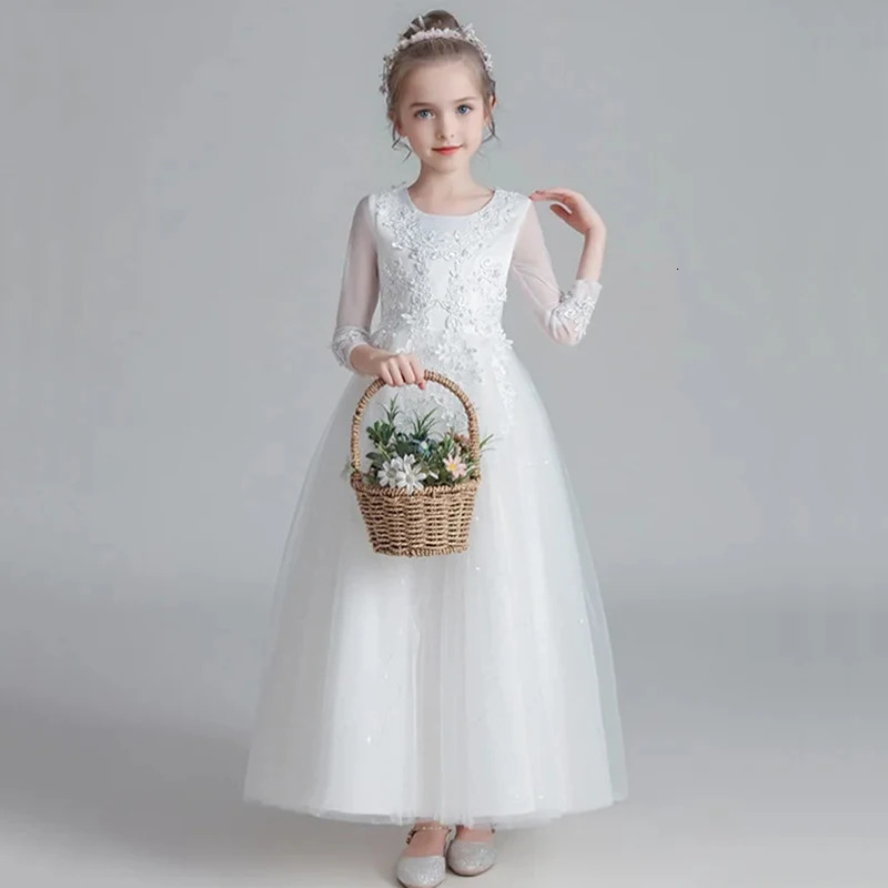 Flower Girl Wedding Long Sleeve Bridesmai Dress Teenage Girls White Baptismal Clothes Kids Birthday Party Princess Dress Easter 251023