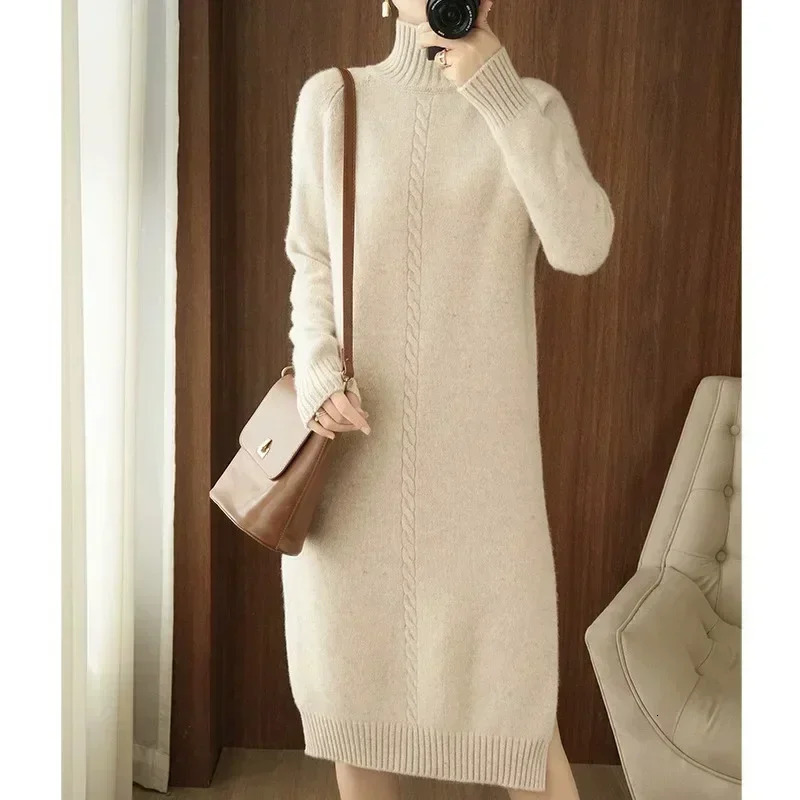 Thick Dress Warm Wool Long Sweater Women Autumn Winter HighNeck OverTheKnee Cashmere Knit Dress Large Size Base Shirt 251023