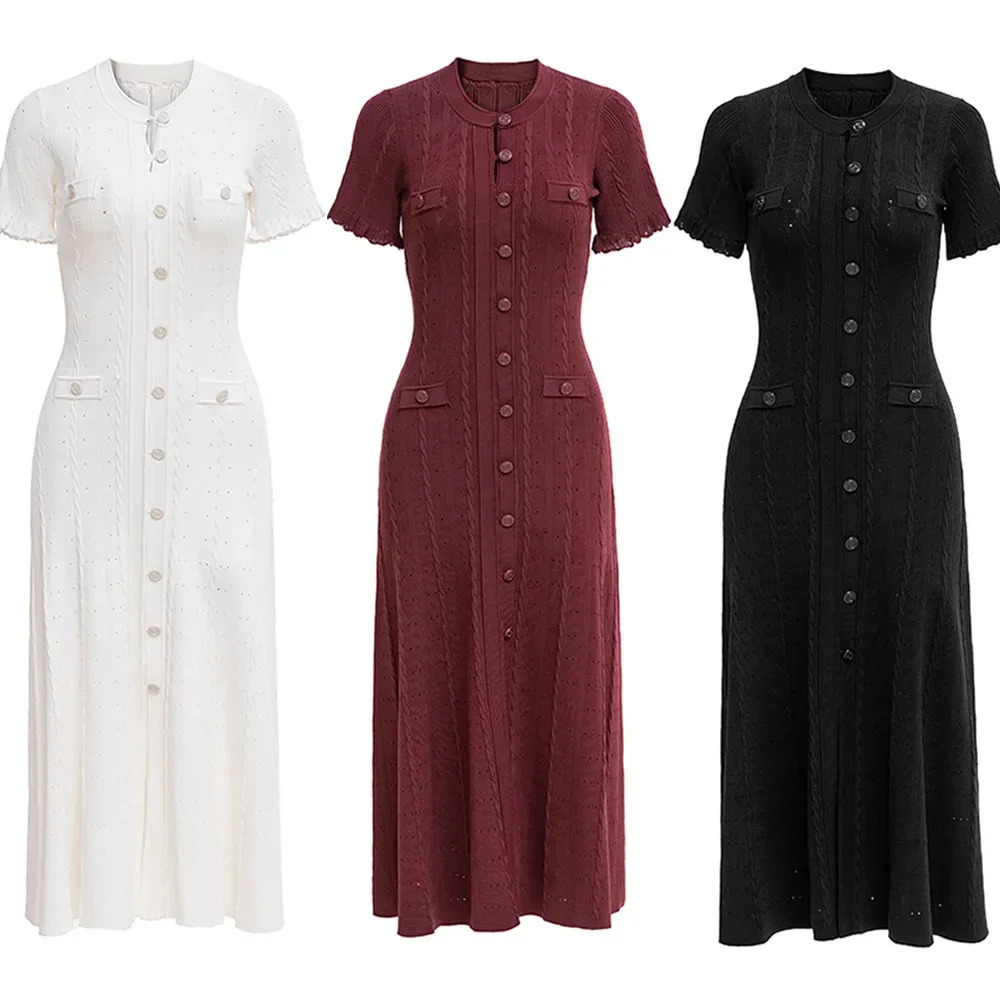 Summer Solid Round Neck Short Sleeved Office Lady Knitted Dress Women Korean Single Breasted Hollow Out Long Dress Fashion Trend 251023