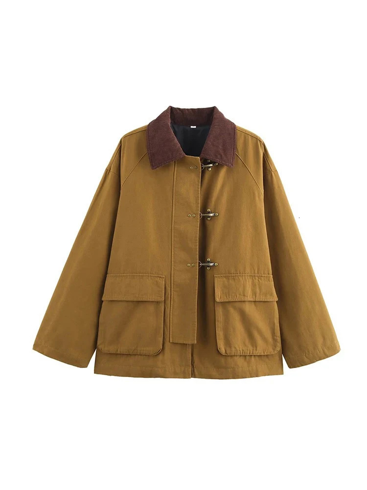 Womens Fashion Retro Clashing Lapel Patchwork Jacket Autumn Winter Street Casual Loose Long Sleeve Pocket Jacket 251020