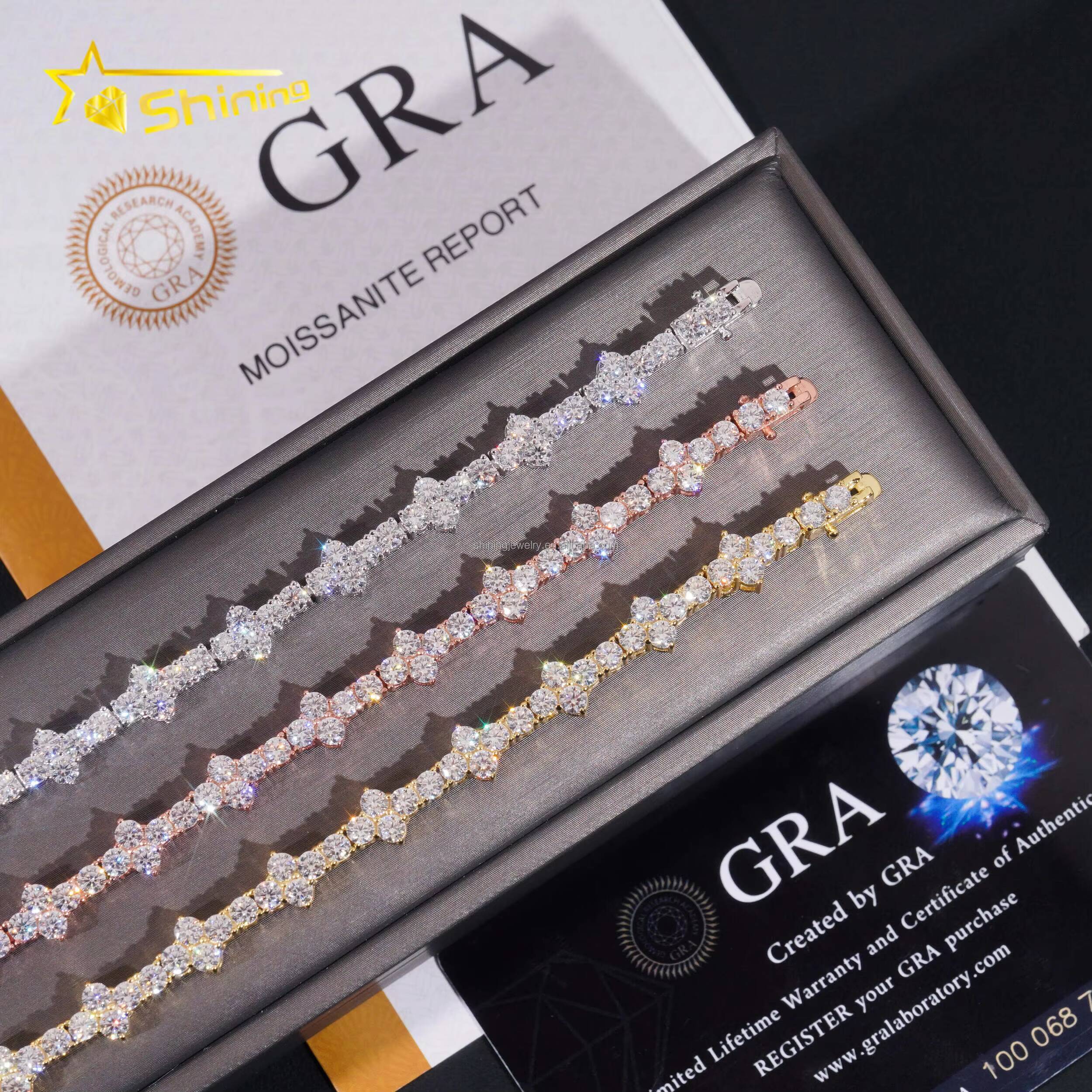 Stylish New Arrival Fashion Femme Design 925 Silver VVS Moissanite Diamond Iced Out Four Leaf Clover Cross Tennis Chain Bracelet