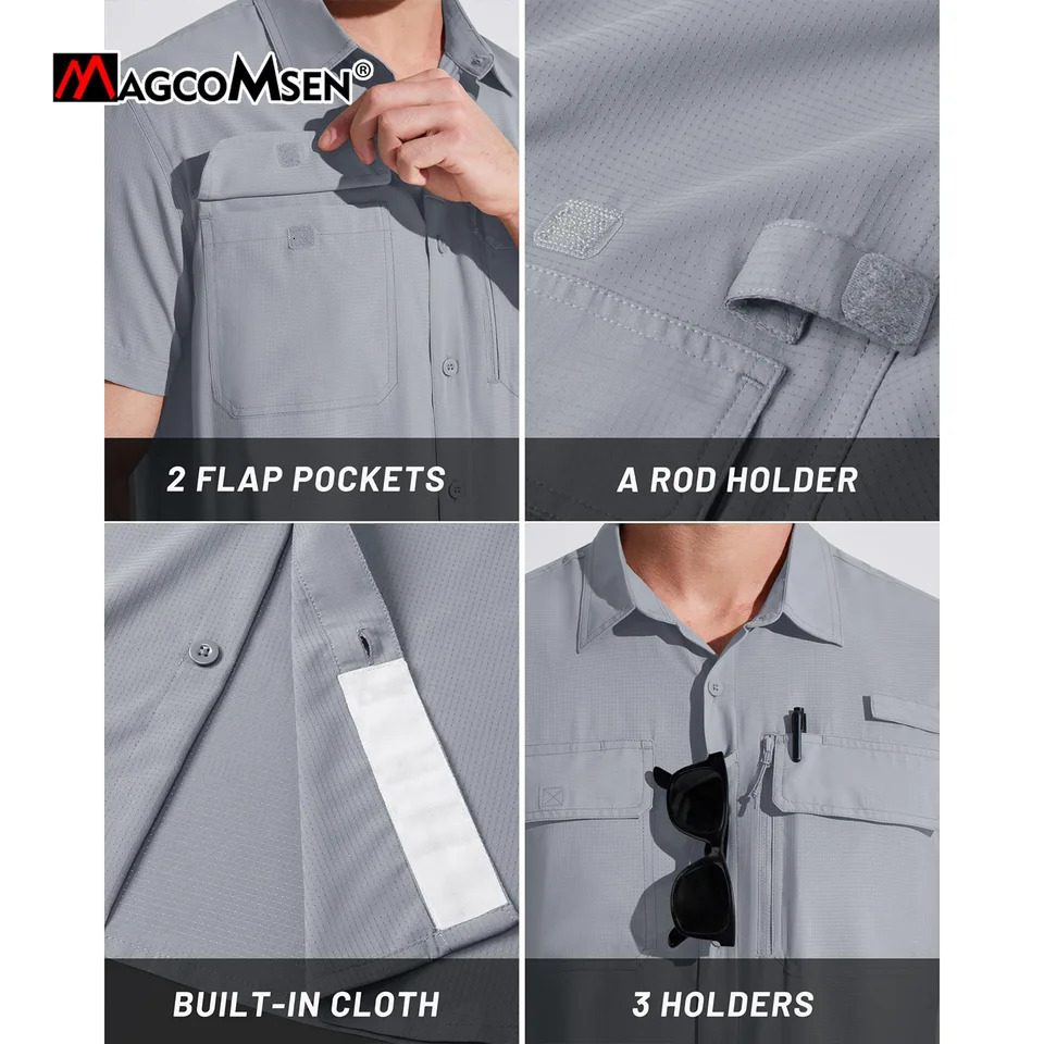MAGCOMSEN Mesh Breathable Shirt Mens Quick Dry Button Short Sleeves UPF 50 Sun Protection Hiking Fishing Work Cargo Shirts 251023