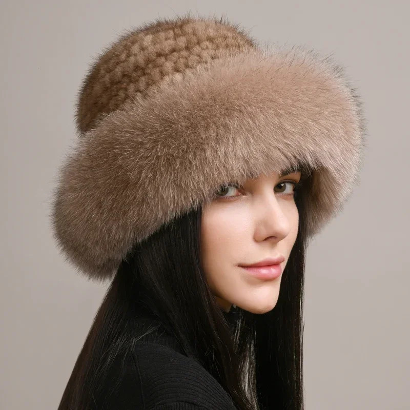 Genuine Real Natural Knitted Mink Fur Hat Cap Women Handmade Knit Fashion Winter Headwear Warm Real Fox Fur Beanies 251024