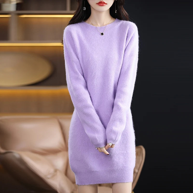 Autumn Winter Round Neck Mink Cashmere Dress Womens Fashion Loose Slim Long Sleeve Pullover Long Skirt Korean Version 251023