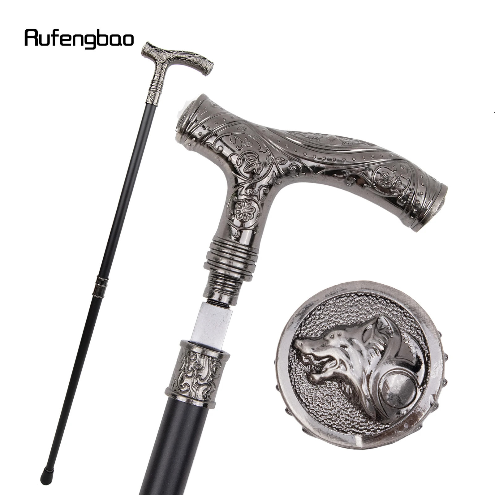 Silver Wolf Head Flower Walking Stick with Hidden Plate Self Defense Fashion Cane Plate Cosplay Crosier Stick 93cm 251022