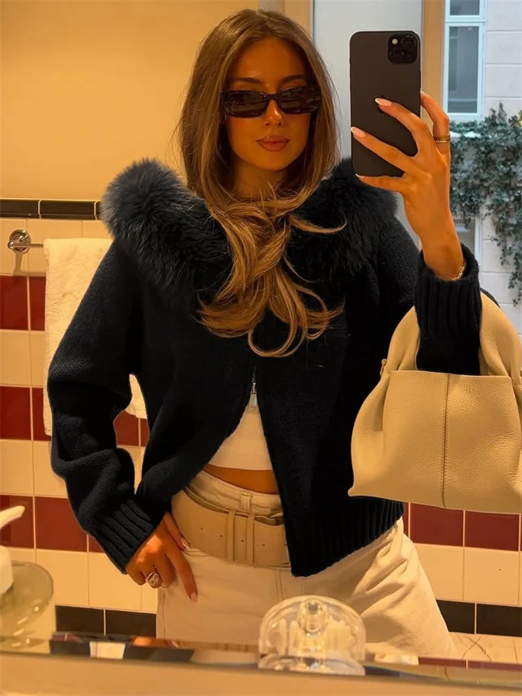 Tossy Winter Female Sweater Hoodie Cardigan Fluffy Zipper Patchwork Long Sleeve Ribbed Solid Knit jacket Coat Womens 251015