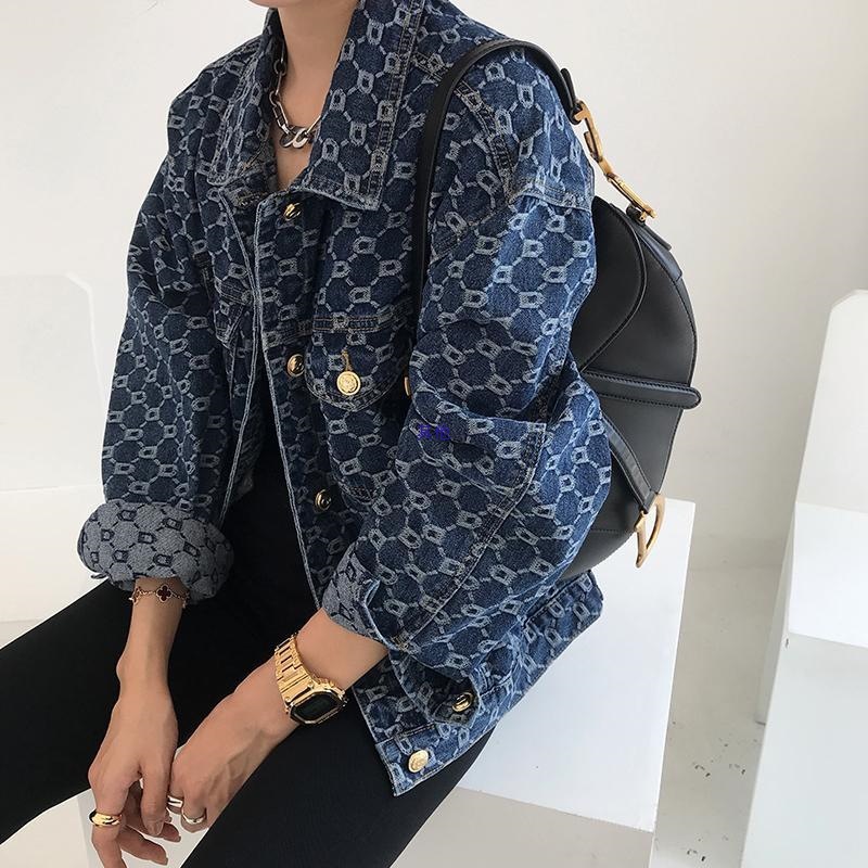Women's All-Over Printed Jacquard Denim Jacket 2026 New Korean-Style Loose Fit Long-Sleeve Spring & Autumn Casual Coat