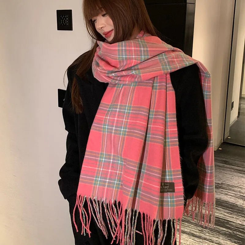 Gentle Christmas Ins Style Pink Girl Tassel Scarf Female Winter Plaid Shawl Korean Version of The Scarfs Thickening 251024