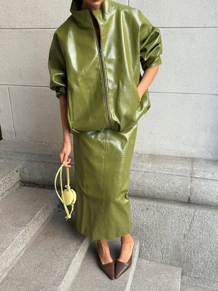 Street PU Leather Womens Suit Elegant Oneck Zipper Jacket Long Skirts Set Autumn Lady Locomotive In Matching Sets 251020