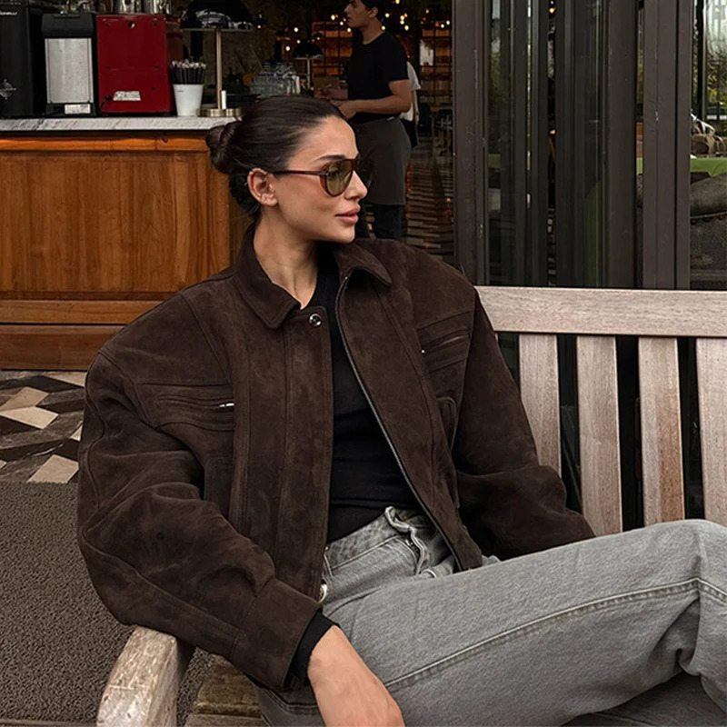 Vintage Suede Jacket For Women Long Sleeve Pocket Turndown Collar Zipper Short Coat Autumn Winter Streetwear Lady Outwears 251020