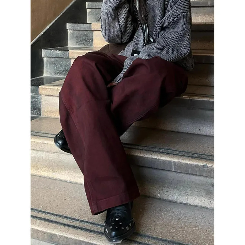 2025 Vintage Women Burgundy Jeans High Waist Y2K ed American Style Streetwear Denim Pants Casual Female 90S Trousers 251023