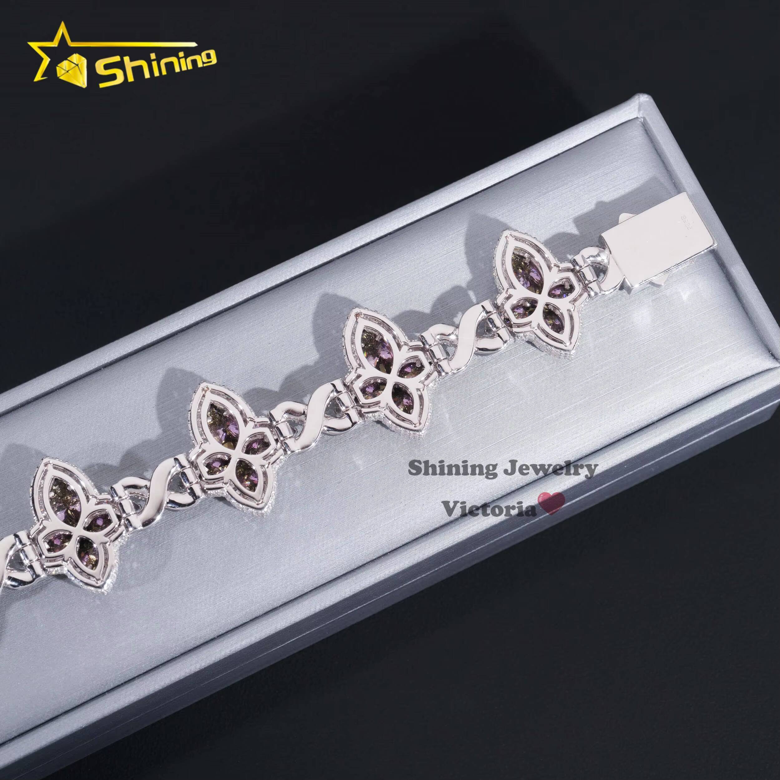Fine Jewelry 925 Sterling Silver Colored Moissanite Drop Water Pear Shape Black Diamond Clover Hip Hop Infinity Cuban Bracelet