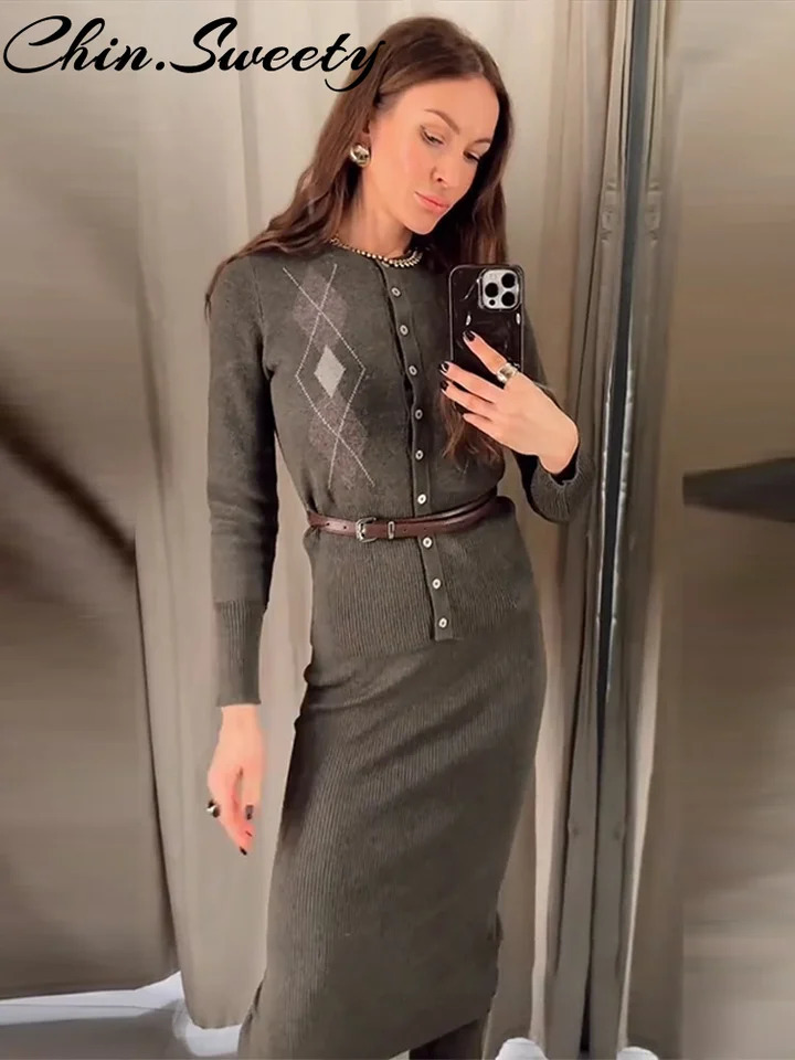 Elegant Knit Cardigan Skirt Women Set Fashion Print Long Sleeve Button Sweater Split Skirts Autumn Winter Lady Outfit 251020