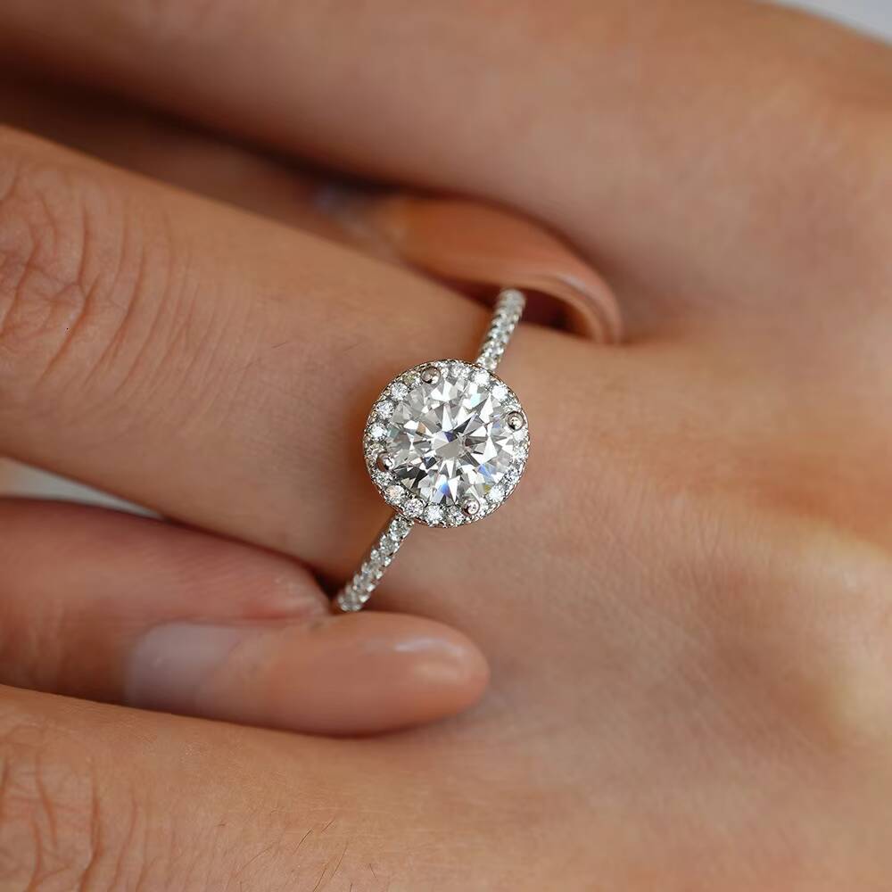 Wholesale Price 1ct 2ct 3ct 1 2 3 Carats Halo Brilliant Cut Moissanite Wedding Ring Real White Gold Plated S925 Silver for Women