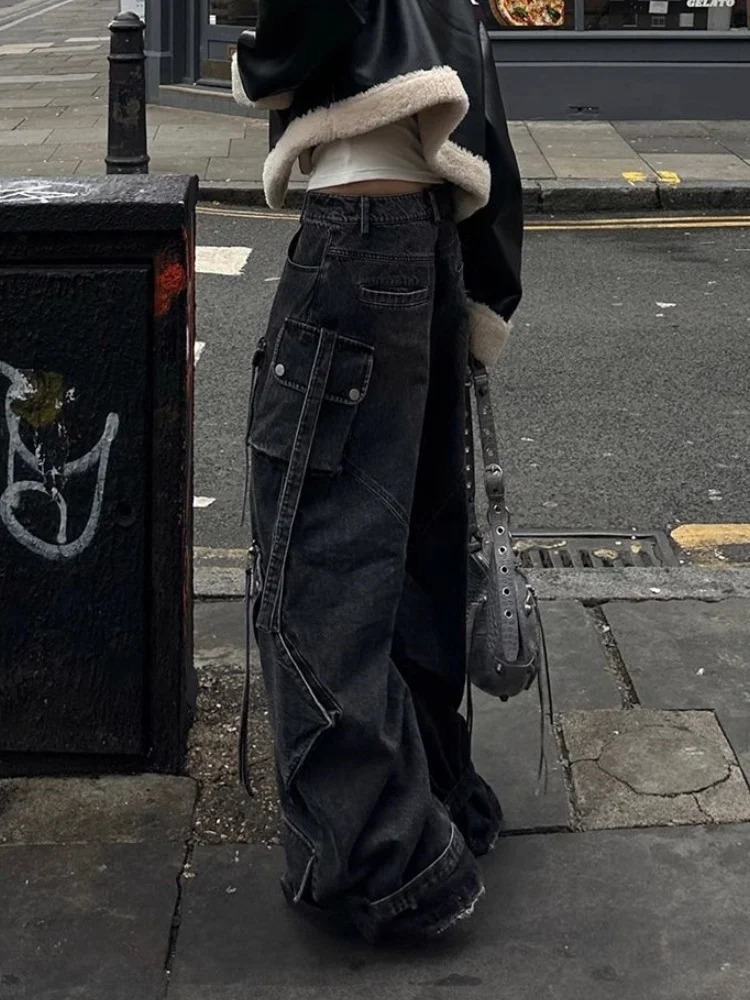 Punk Style Y2K Streetwear Washed Black Baggy Cargo Jeans Pants For Women Clothes Wide Leg Lady Trousers Ropa Mujer 251023