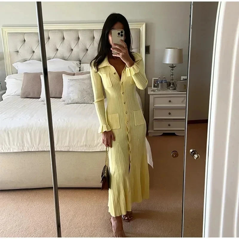 Winter Knitted Dress Women 2025 Long Sleelve Ruffles Single Breasted Long Dresses Female Party Fashion Sweater Vestidos 251023