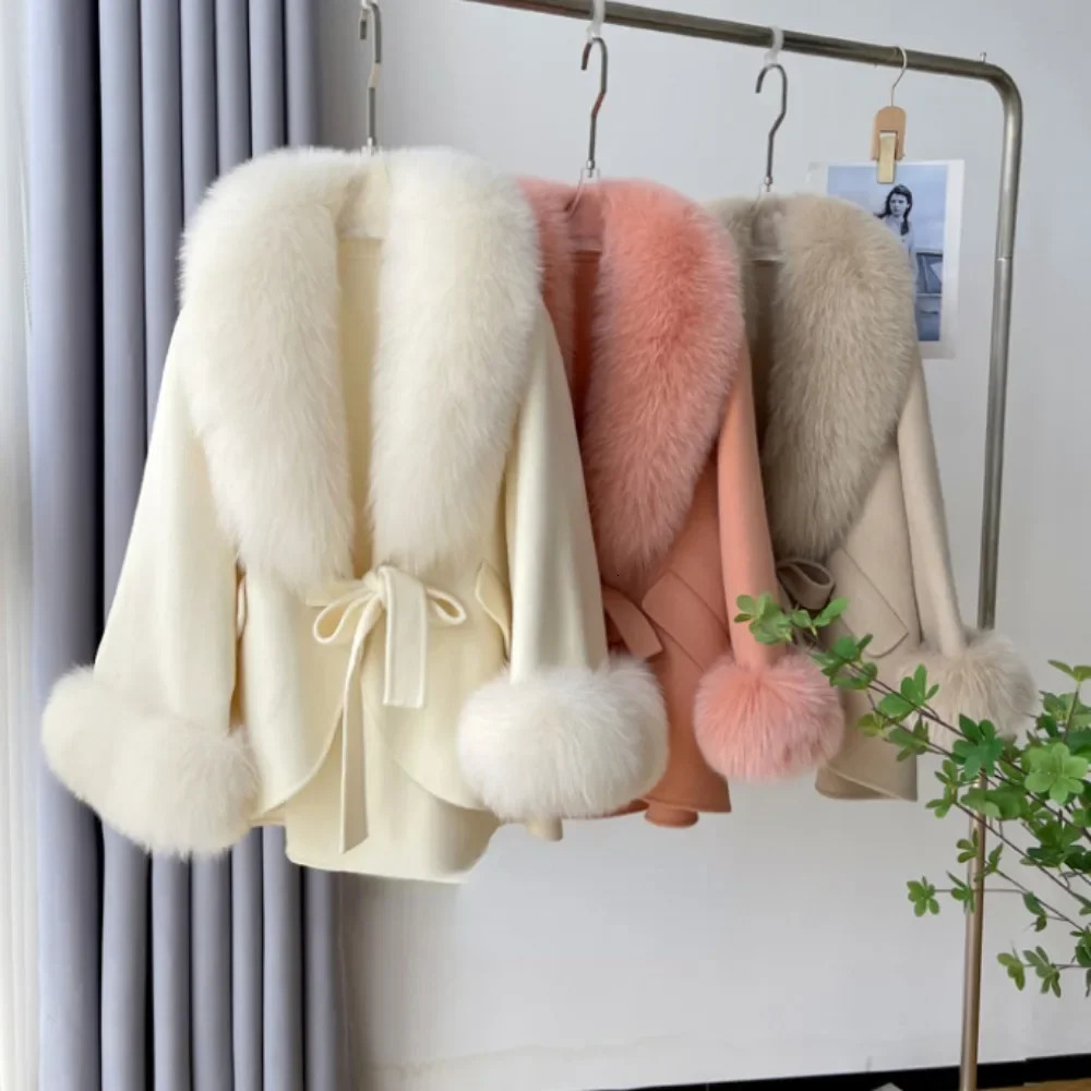 2024 Real Fur Coat Winter Autumn Women Woolen Jacket Big Detachable Collar Loose Cashmere Blends Fashion Cloak 251014