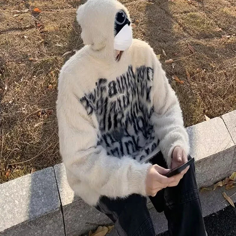 American Goth Fashion Hooded Sweater Mens Hip Hop Letter Jacquard Knitted Pullovers Y2K Streetwear Loose Jumpers Man 251020