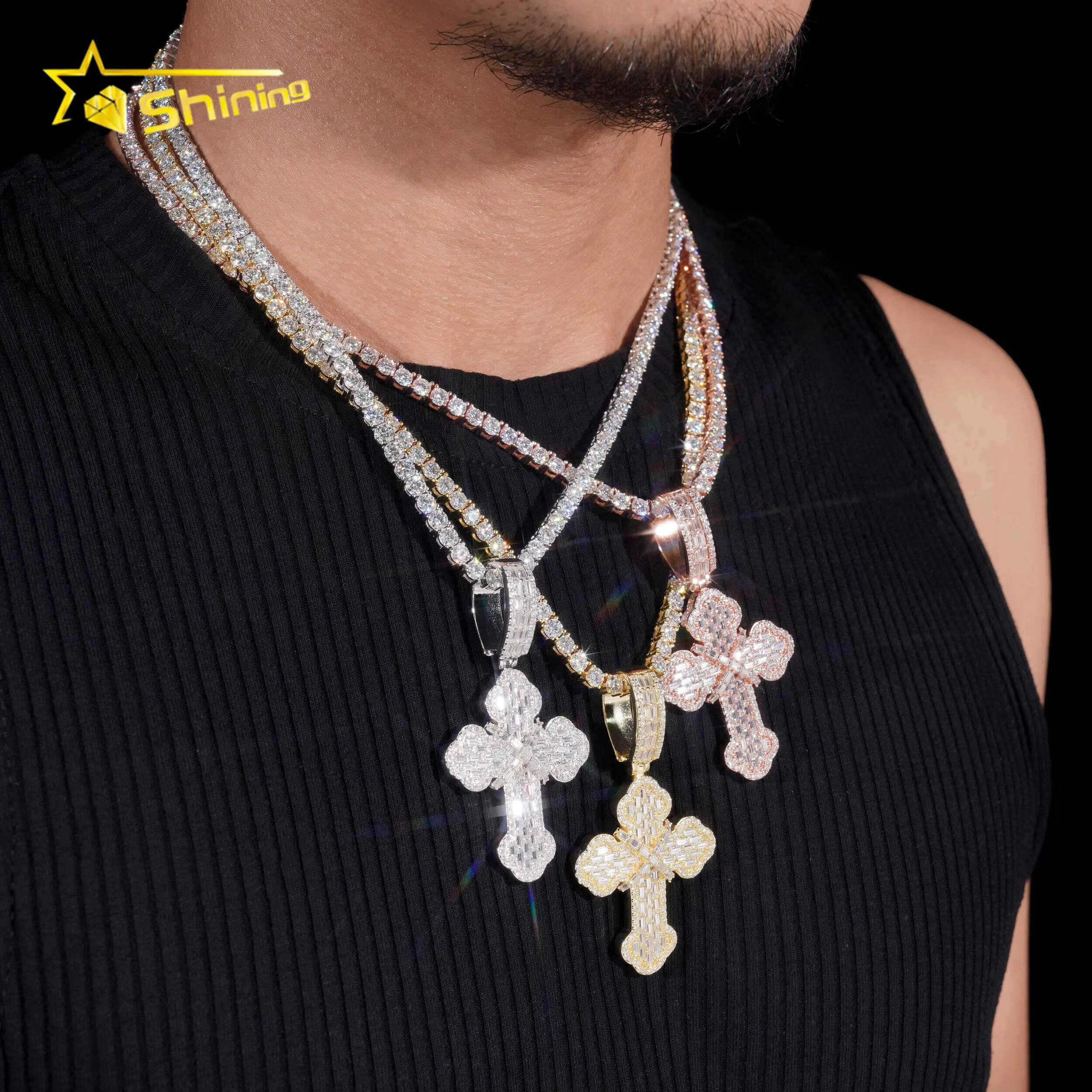 Worldwide Shipping Fully Iced Out Baguette Moissanite Charms Pendant 925 Silver Gold Plated Hip Hop Moissanite Cross Pendant