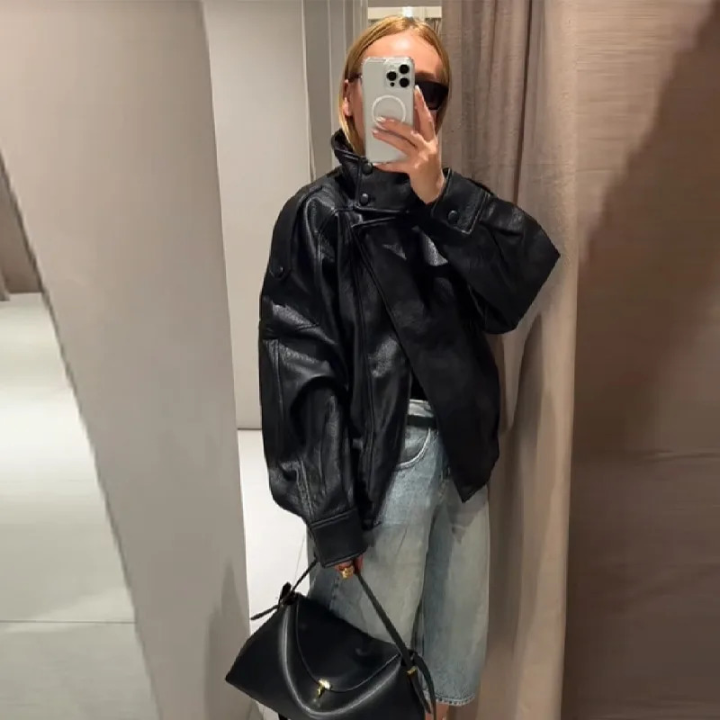 Womens Autumn Fashion Standing Collar Leather Jackets Windproof Loose Fold Coats Vintage Style High Street Outdoors Clothes 251020