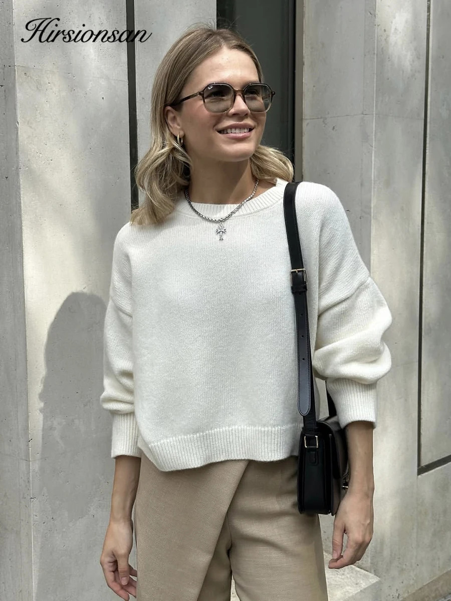 Hirsionsan Basic O Neck Basic Sleeve Sweater Women 2025 Oversized Short Knitted Pullovers Female Casual Thick Warm Soft Tops 251027