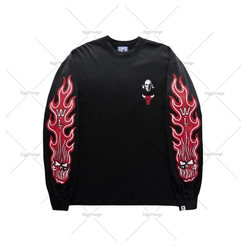 Gothic punk Retro Streetwear Tops Men Hiphop Harajuku Flame Print Long Sleeve High Street Round Neck Casual Oversized Tshirt 251020