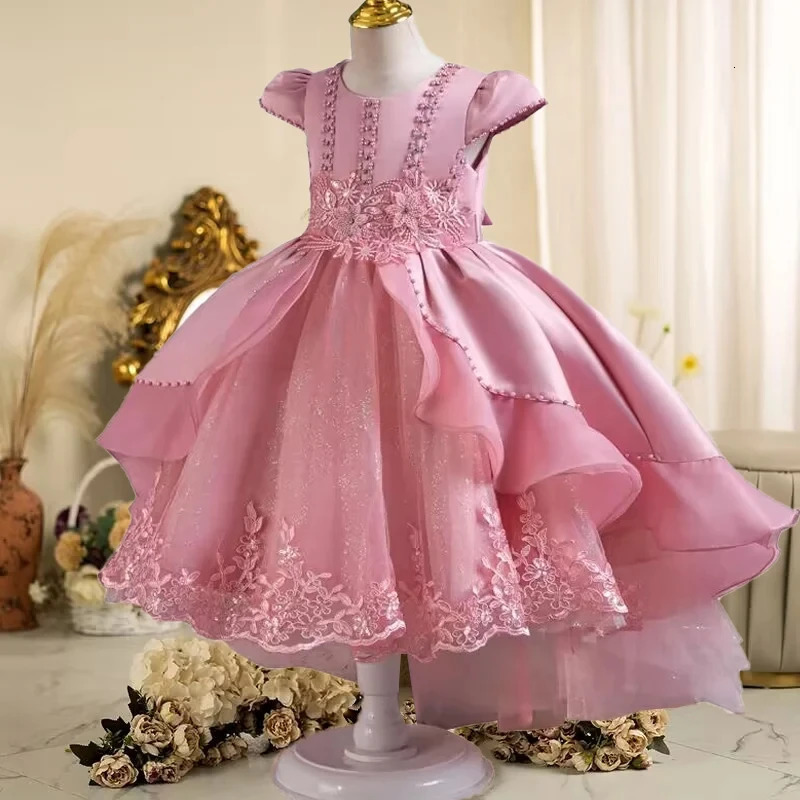 Girls pearl Birthday Beaded Flower Tail Fluffy Dress 412 years old Girls Embroidered Sequin Wedding Girls Princess Dress 251023