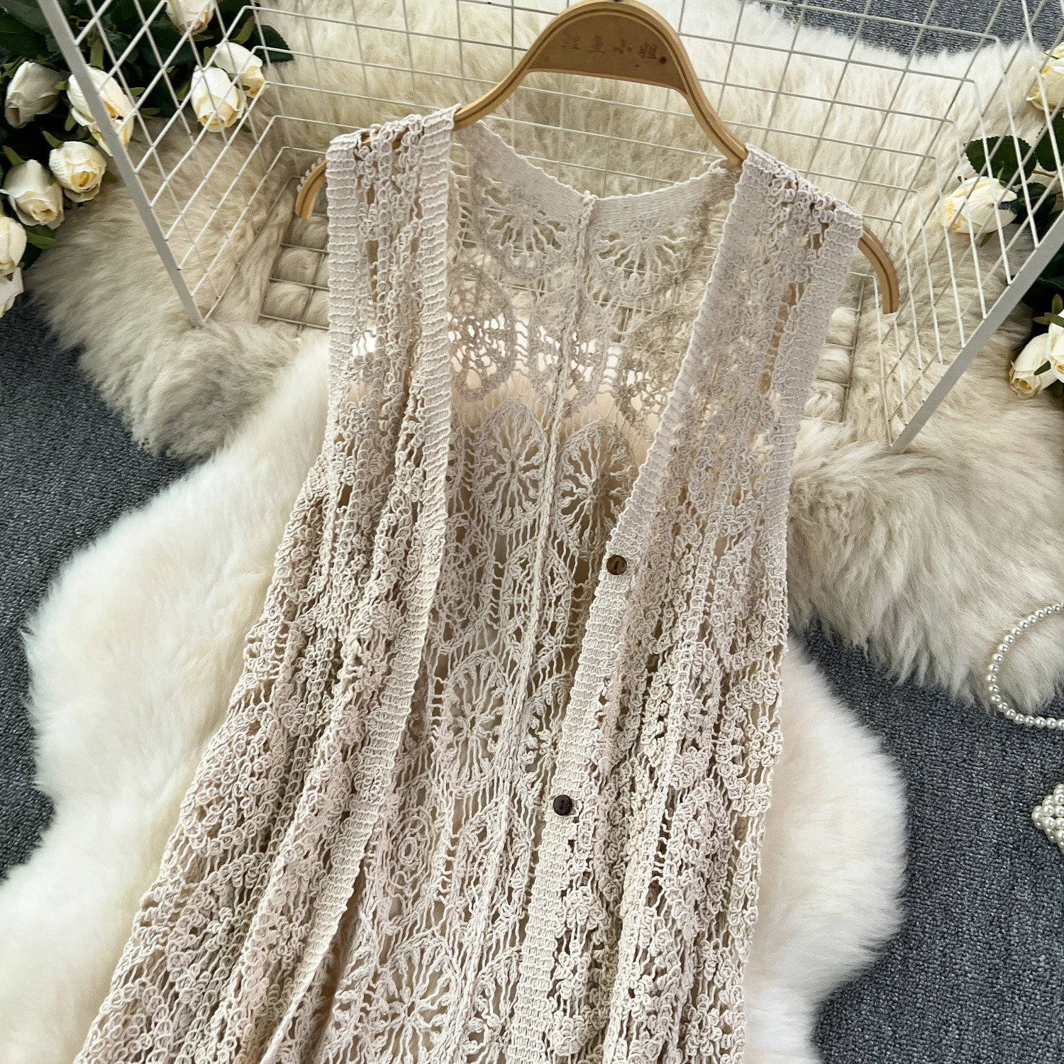 Longline Crochet Cardigan Button Front Sleeveless Sheer Openknit Long Coverup Jacket Women Summer Beach Vacation Outfit 251015