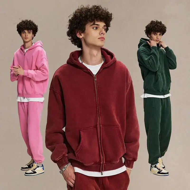 IEFB Mens Wear Wax Printing Vintage Male Hoodies Oversized Loose Zipper Water Washed Plush Sweatshirt Trendy 9C9349 251023