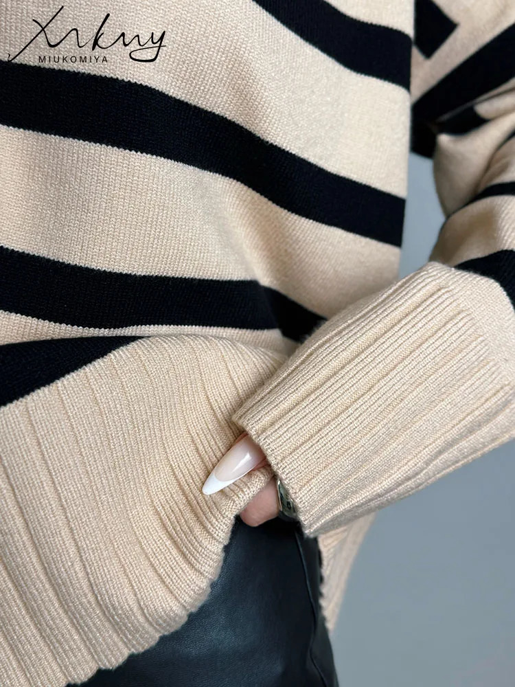MiuKoMiYa Autumn Striped Sweater Women Loose Polo Knit Pullover Warm Long Sleeves Tops Khaki Knitted Jumpers Women Oversized 251023