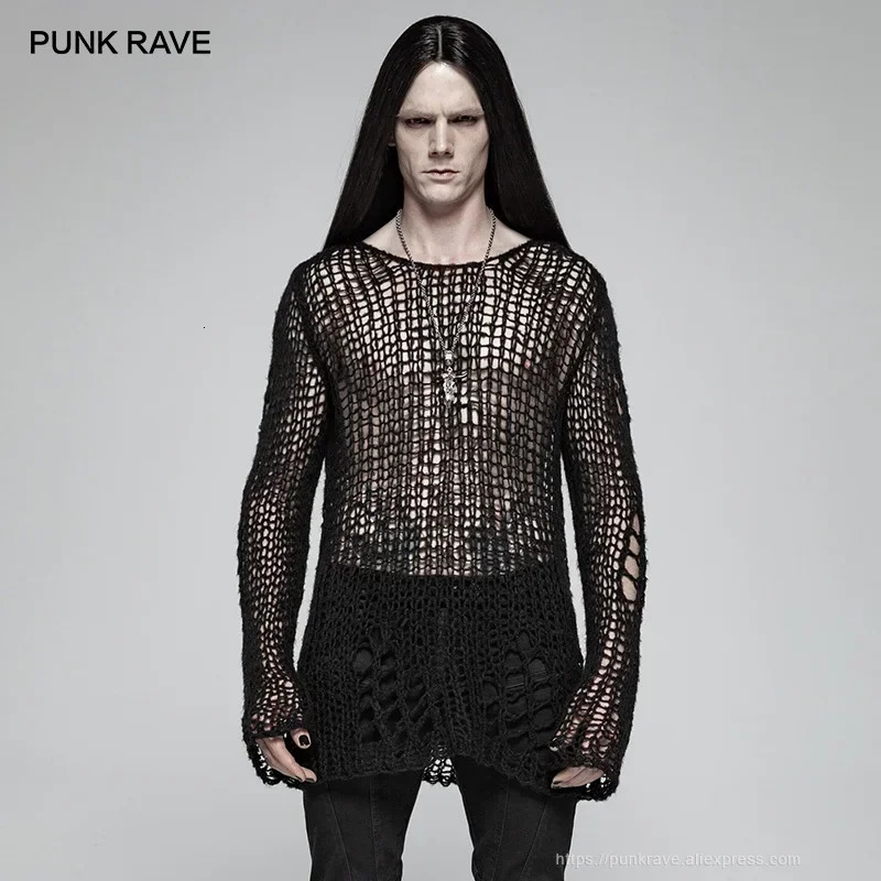 PUNK RAVE Mens Gothic Casual Broken Hole Pullovers Personality Black loose Sweater punk cosplay dark Visual Kei 251020