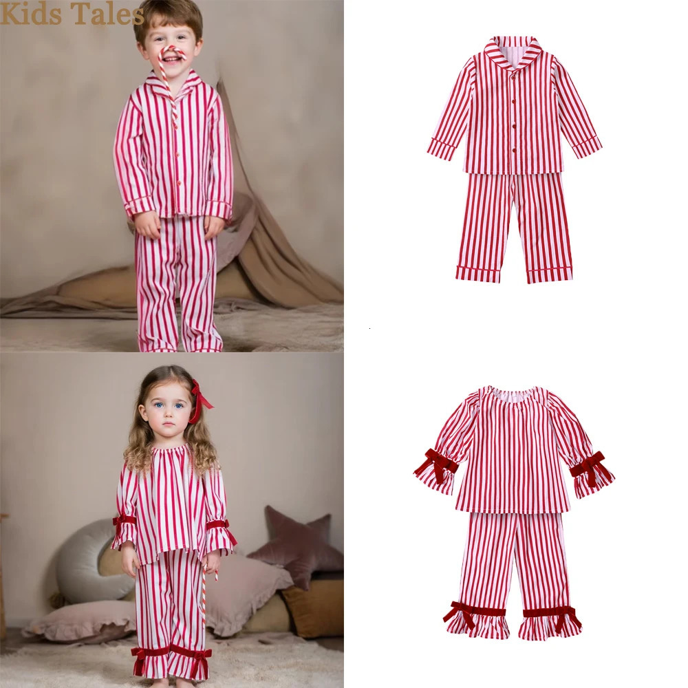 Christmas Costume Child Pajamas Kid Clothes Sets Boy Girl Loungewear Suit Stripe 100 Cotton Toddler Homewear Night Dresses 251023