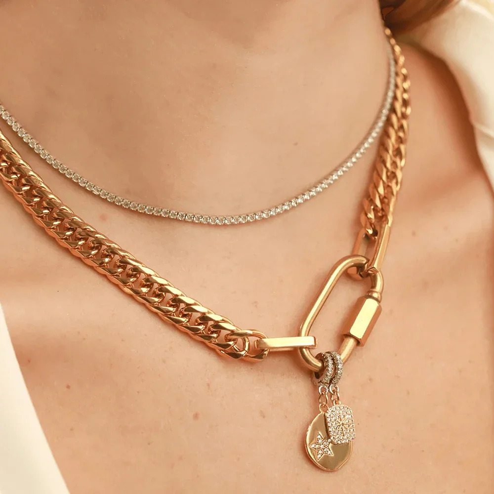 Waterproof Jewelry Tarnish Free 18K Gold Plated Stainless Steel Two Tone Chunky Charm Necklace for Women Cuban Chains Choker 251022