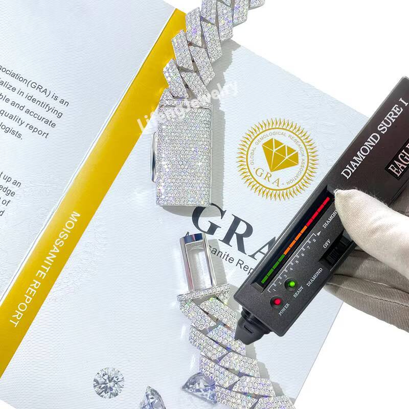 Lifeng Jewelry 18mm 19inch Full Iced Out Moissanite Cuban Chain 925 Sterling Silver Cuban Link Chain Necklace Men