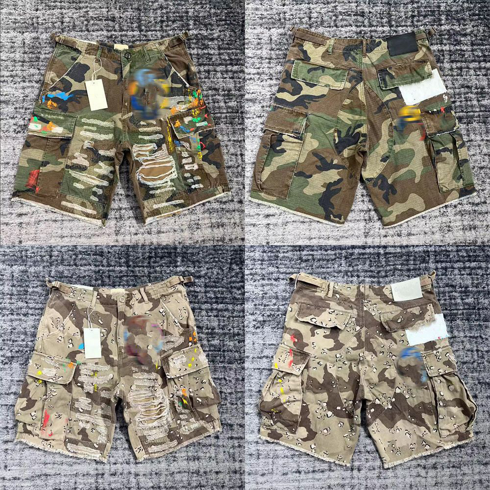Designer Mens Shorts Camouflage Patchwork Leather Letter High Street Vintage Hip Hop Worn Work Denim Shorts Men