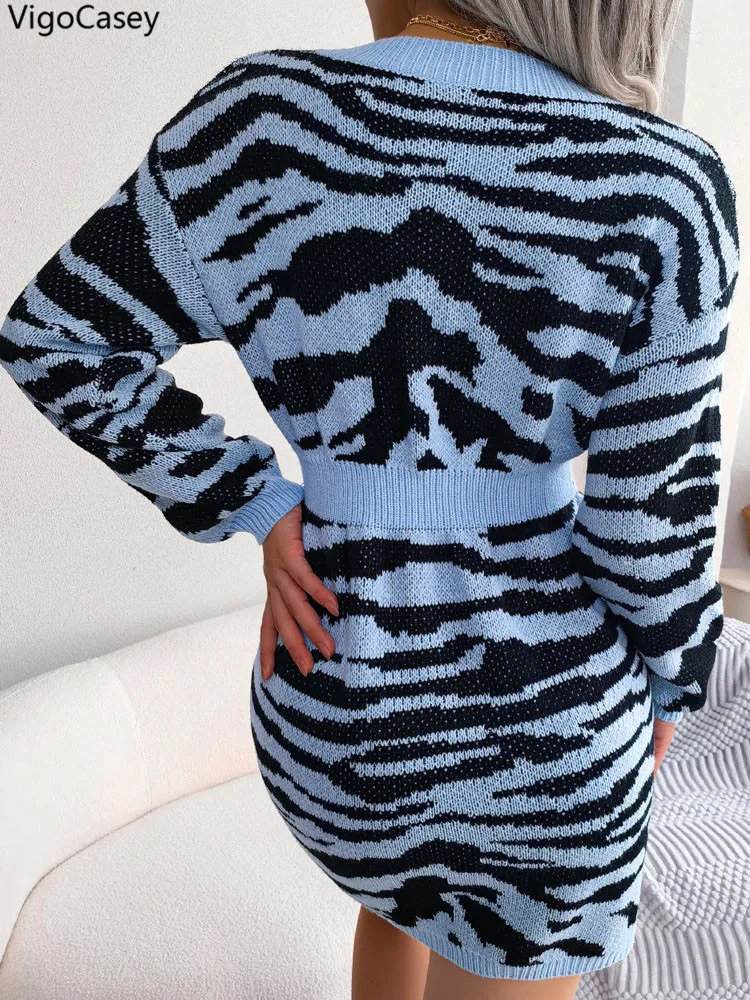 VigoCasey 2025 Print V Neck Casual Knit Dress Autumn Winter Women Long Sleeve Mini Dress Sexy Lady Bodycon Knitted Short Dresses 251023