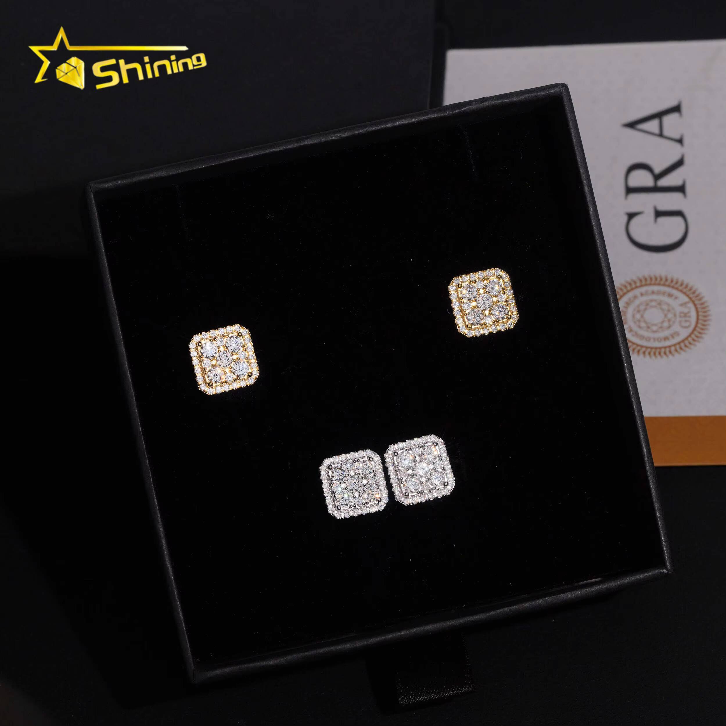 Hip Hop Jewelry Men Moissanite Earrings 925 Sterling Silver Square Shape Moissanite Stud Earrings Iced Out Screw Back Ear Studs