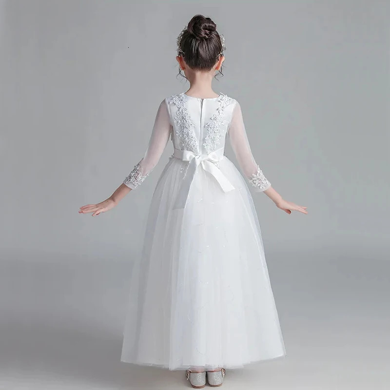 Flower Girl Wedding Long Sleeve Bridesmai Dress Teenage Girls White Baptismal Clothes Kids Birthday Party Princess Dress Easter 251023