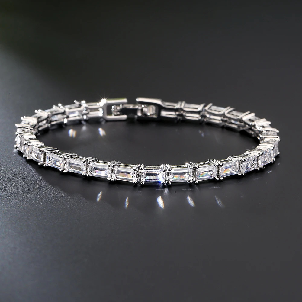 TrendMen HiphopRock Trendy Square Zirconia Tennis Bracelets For Fashion Men Women Silver Color Crystal Wristlet Jewelry Bangles 251023