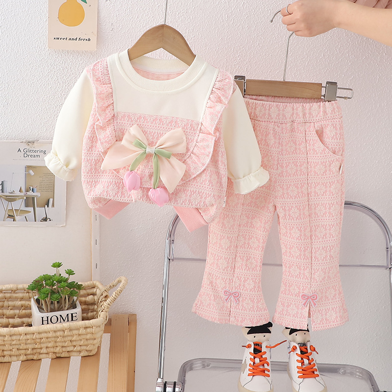 Free Shipping 2025 Girls Tulip Bow 2-Piece Set, Spring Autumn Fashion Outfit for Baby Girl, Cute Toddler Clothes for Little Girls