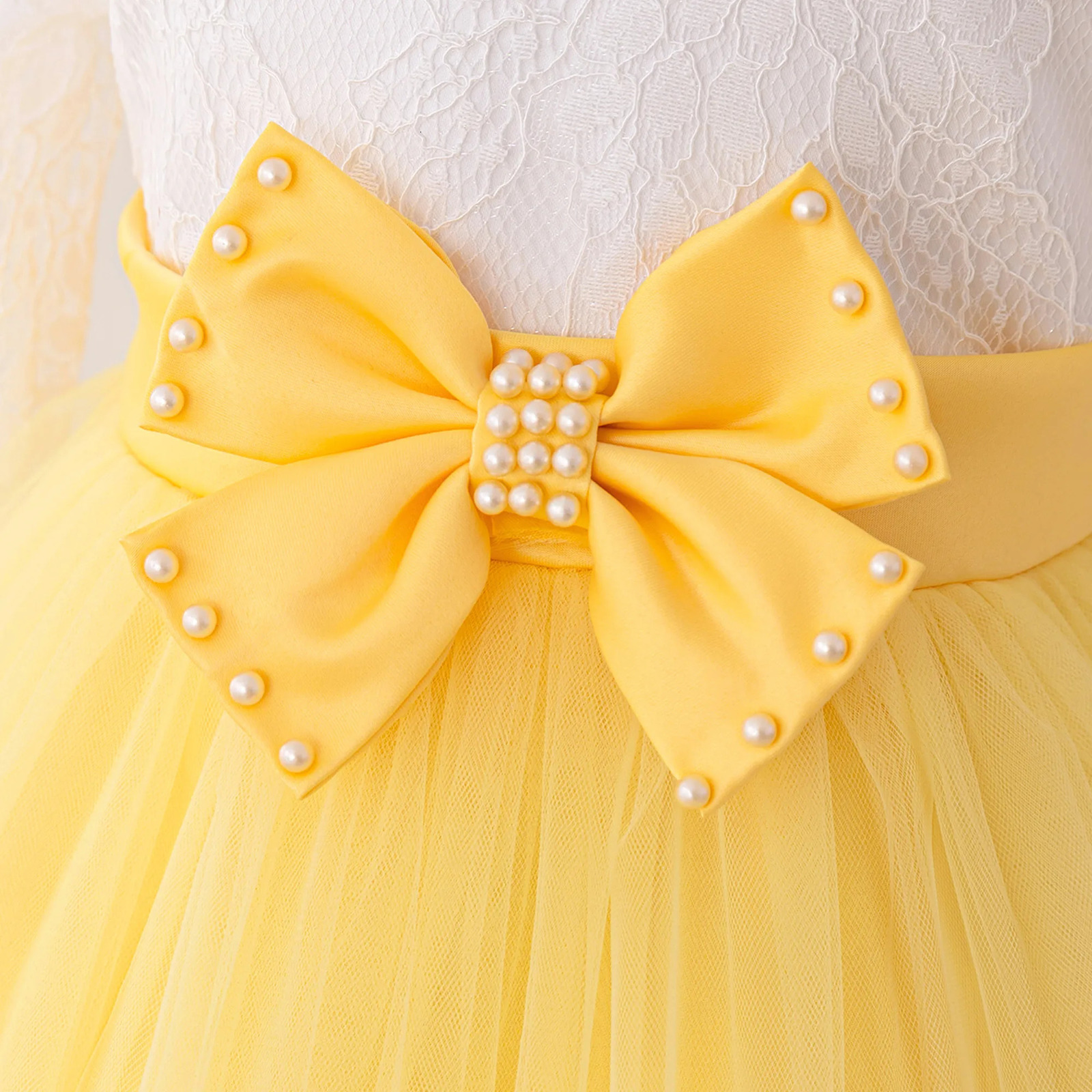 Elegant Bow Bridesmaid Party Girls Dress Long Sleeve Lace Baptism Princess Birthday Prom Dress Girl Wedding Pageant Kids Costume 251023