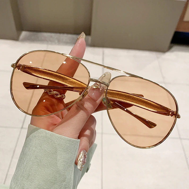 Clear Brown Oversized Pilot Sunglasses Women Men Unisex Metal Sunglasses Female Unique Metal Frame Double Bridge 251023