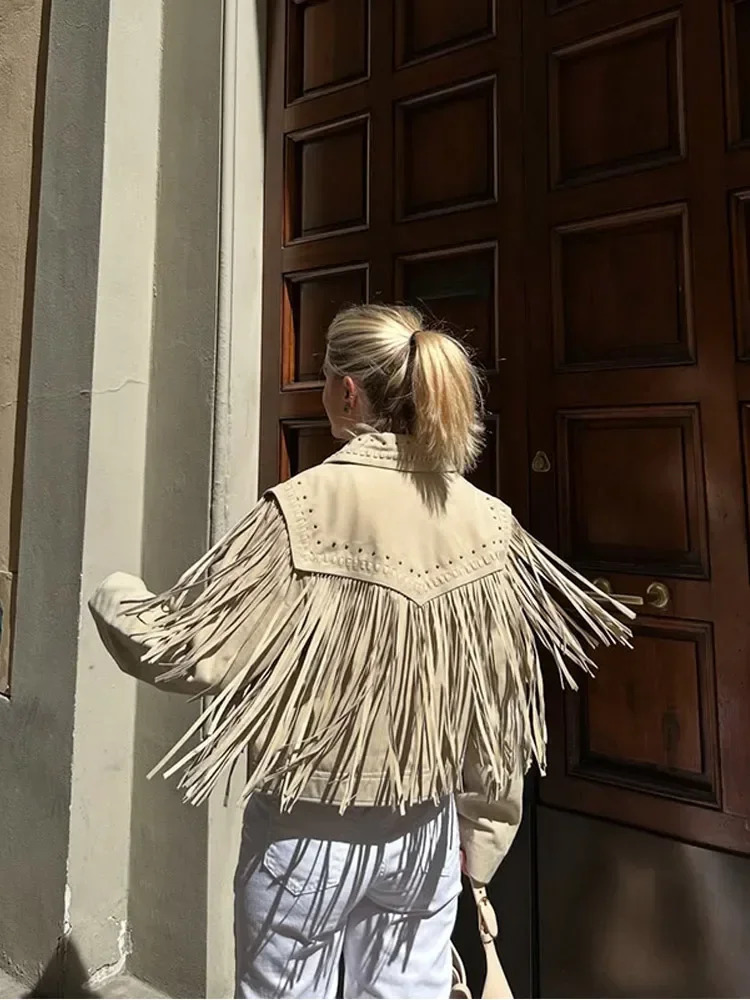 Short Pu Suede Jacket Women Fashionable Long Sleeve Tassel Lapel Collar Cropped Slim Coat Lady Street Outerwear 251020