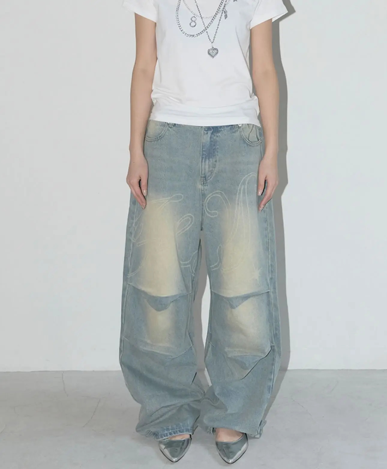 Light Colour Trend Dressing Up Korean Style Simple Baggy Angel Printed Jeans 2025 Spring Necessary Solid Retro Straight Pants 251023